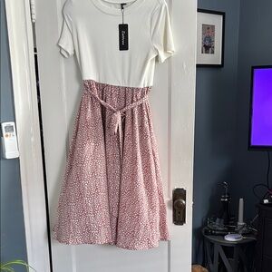 Pink and White Midi Sundress with Crew Neck